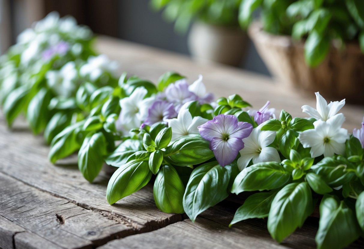 A close-up view of fresh basil flowers arranged as a decorative border around a wooden surface.