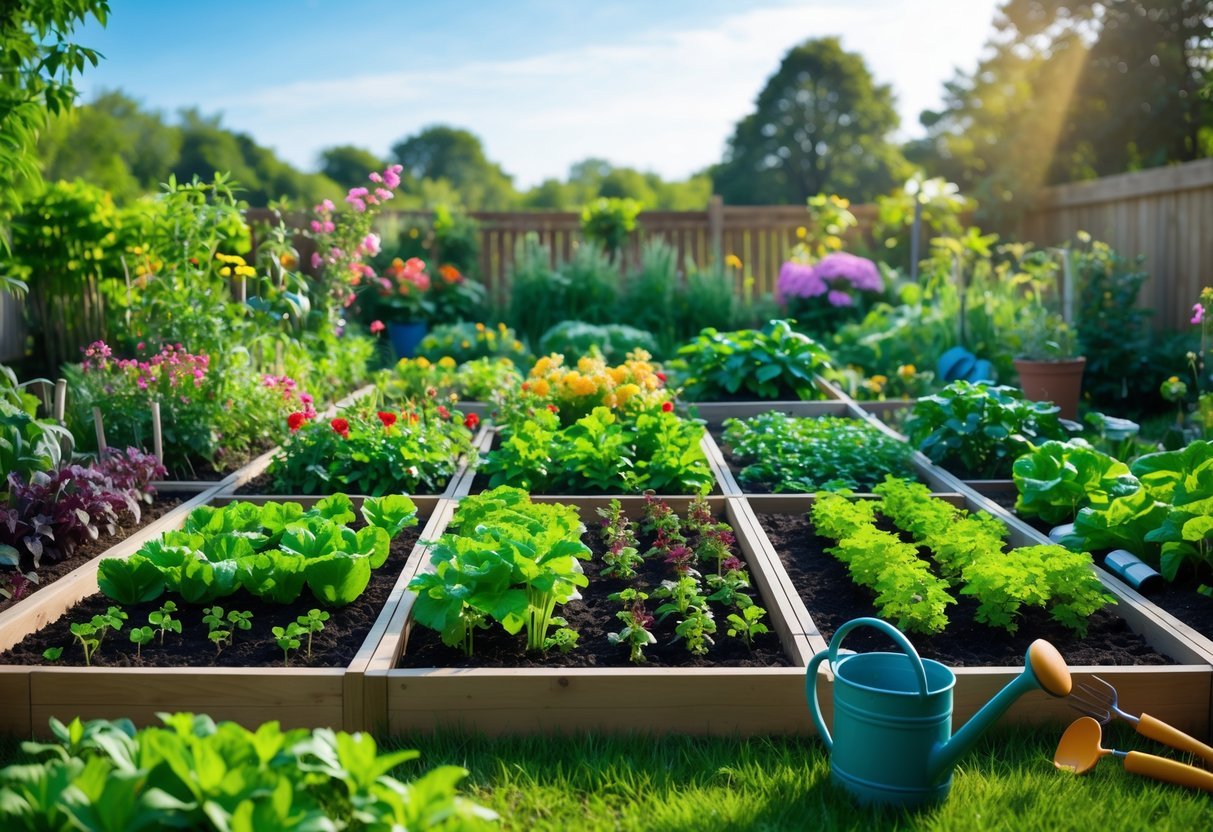 A well-organized garden with raised beds containing a variety of plants at different growth stages, surrounded by greenery and gardening tools.