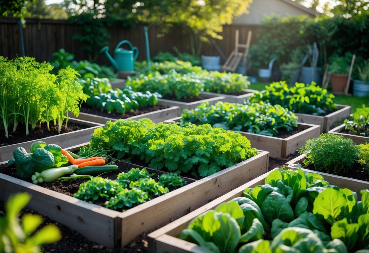 A backyard garden with several raised vegetable beds filled with various growing seasonal vegetables.