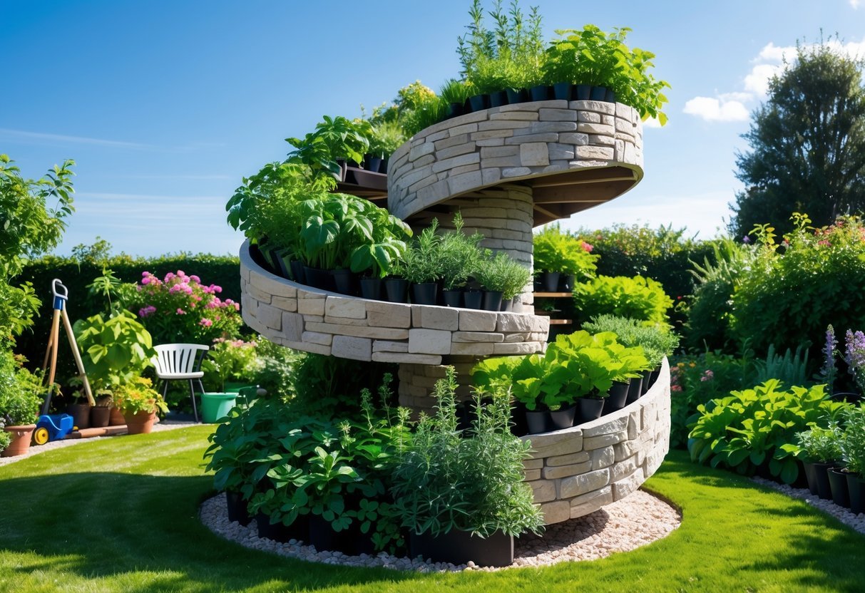 A rotating spiral herb garden outdoors with various fresh herbs growing in a multi-tiered spiral structure surrounded by green plants and a clear sky.