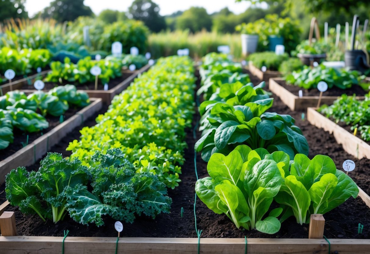 A garden plot with rows of healthy cool-season leafy greens like kale, spinach, and lettuce growing in rich soil under natural daylight.