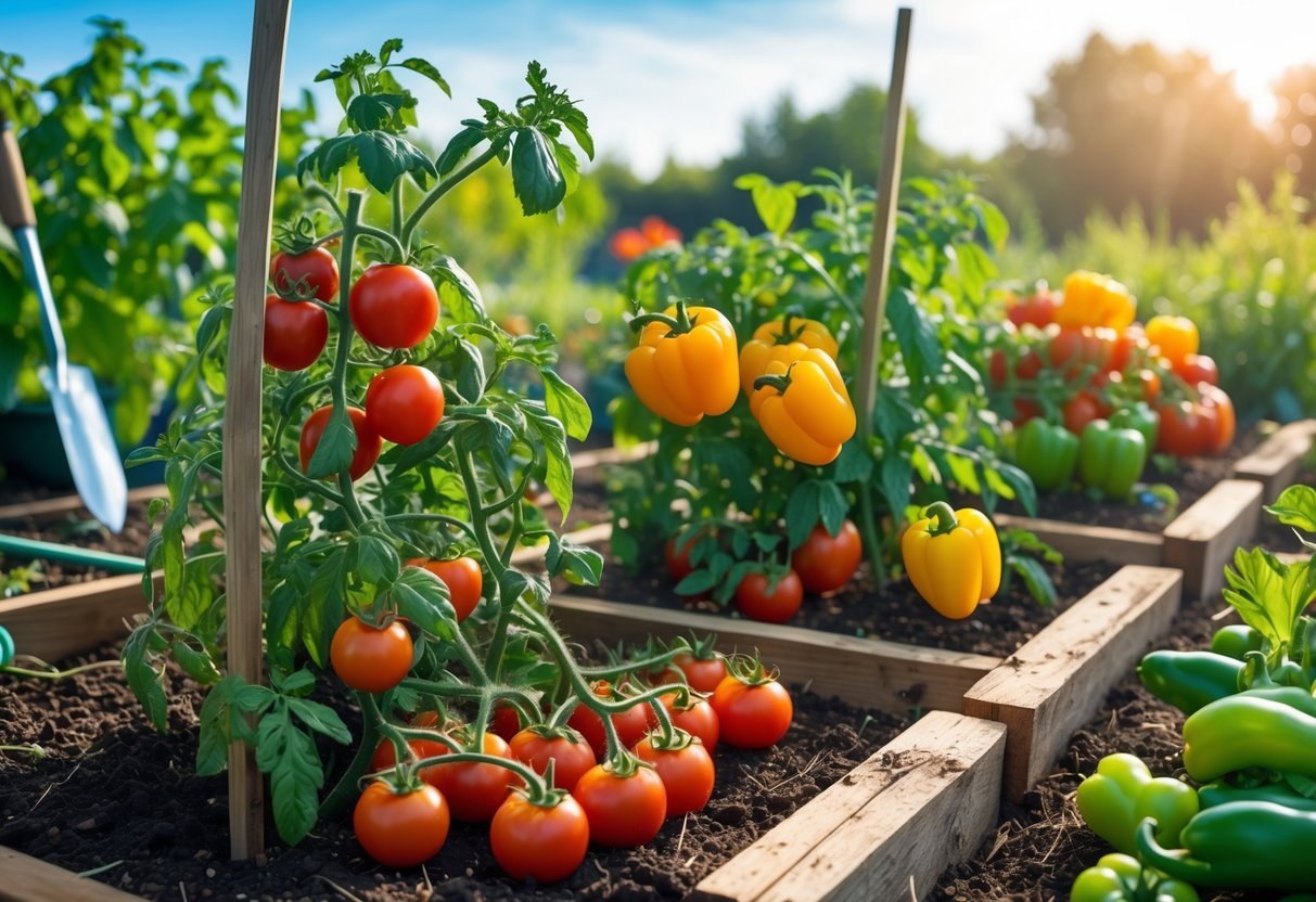 A garden patch with healthy tomato and pepper plants bearing ripe fruits in a sunny outdoor setting.