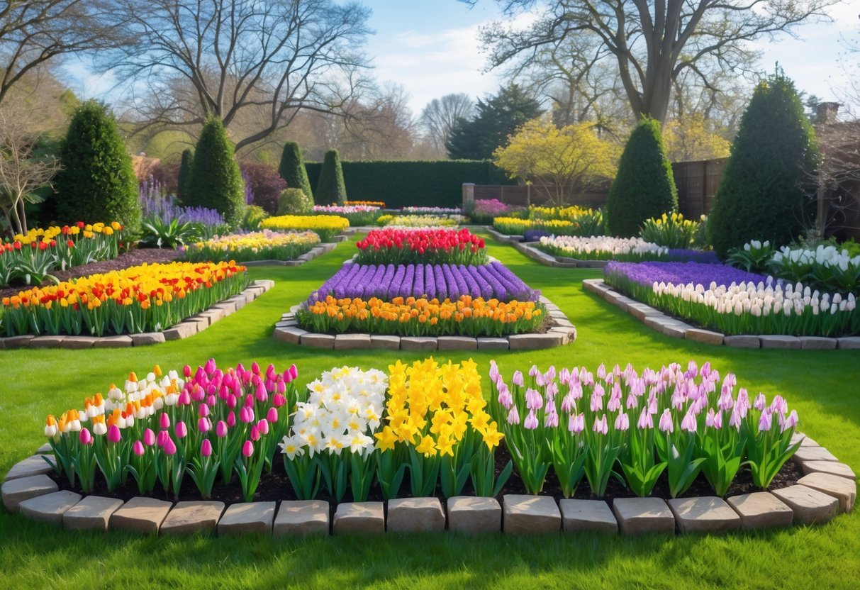 A garden with five distinct flower beds filled with colorful blooming bulb flowers arranged in neat patterns, surrounded by green grass paths and trees under a clear blue sky.