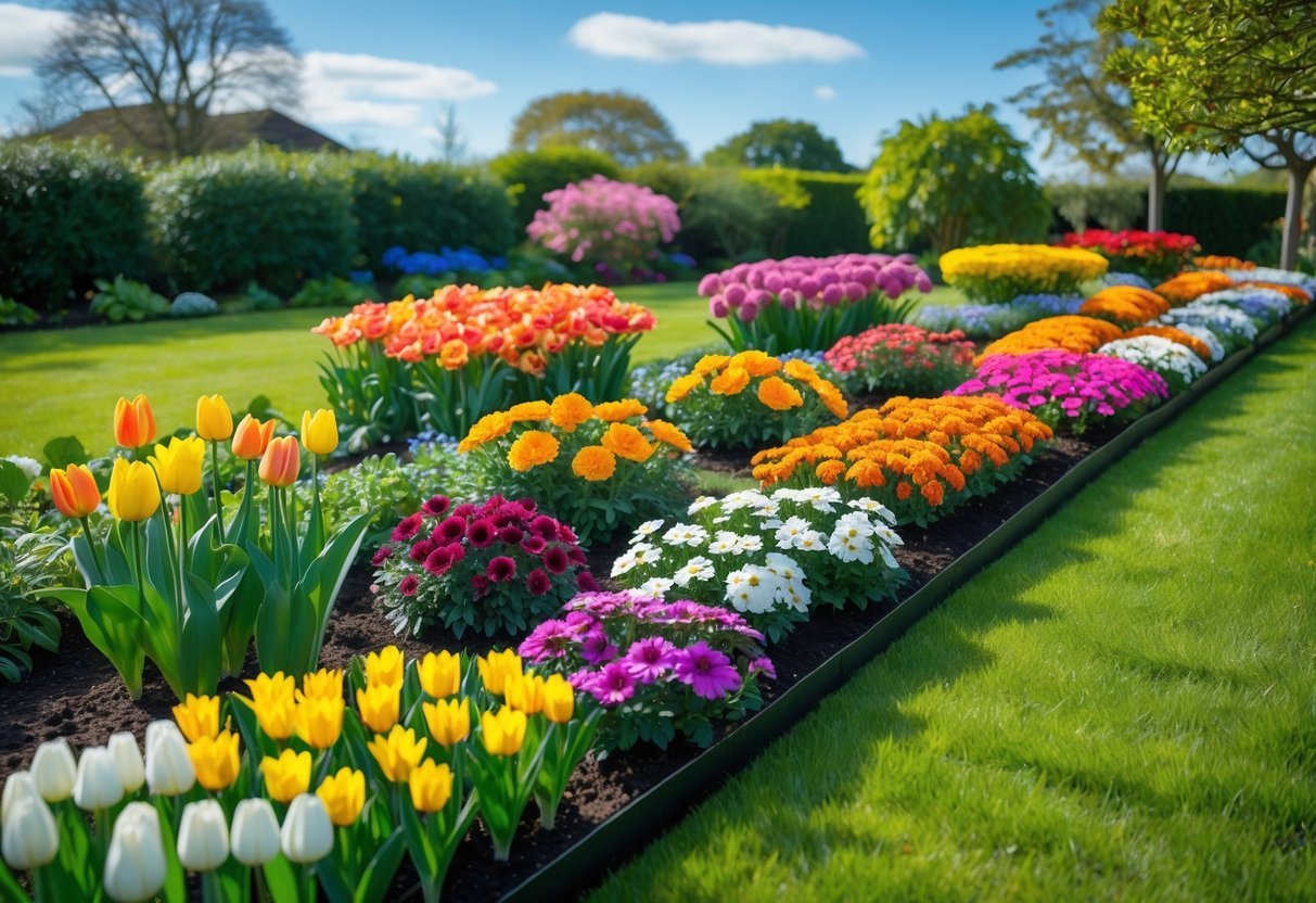 A colorful garden flower border showing different seasonal flowers in separate sections along a green lawn under a clear sky.