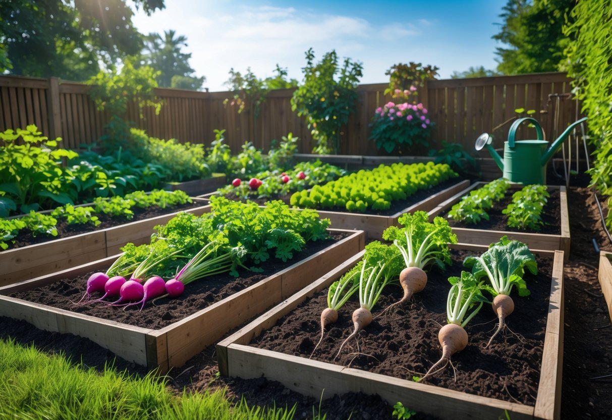 A garden with raised beds growing different root vegetables arranged in rows, showing seasonal crop rotation.