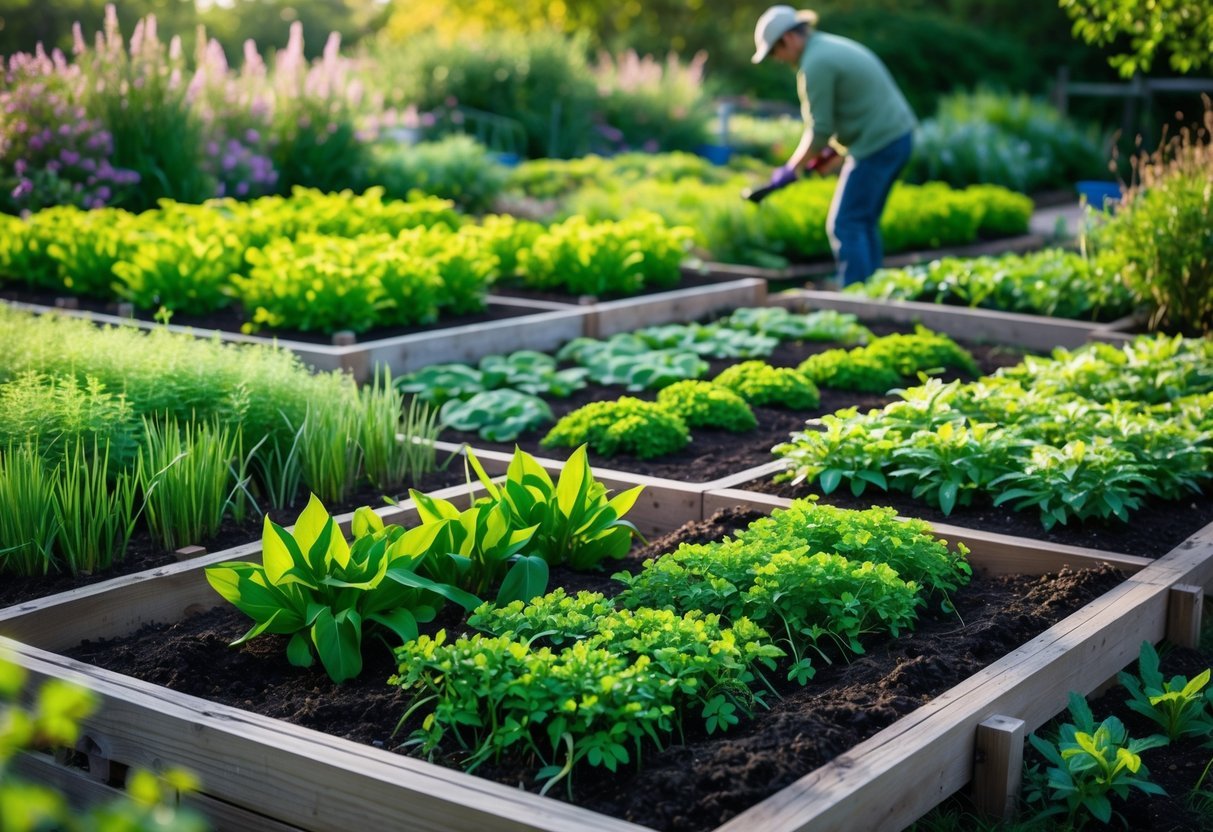 A garden area with multiple beds showing different types of green cover crops growing, with a person tending the plants in the background.