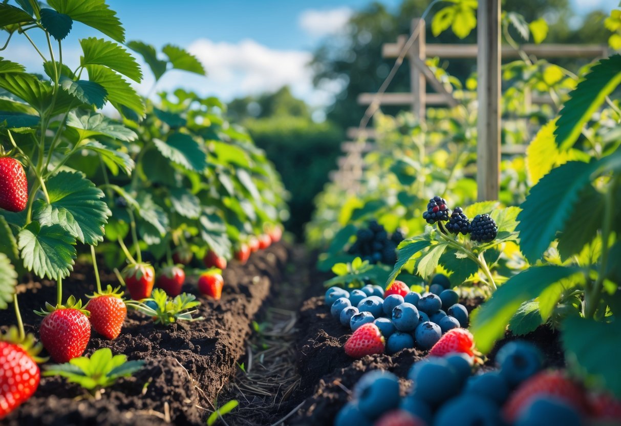 A garden with rows of strawberry plants and mixed berry bushes including blueberries, raspberries, and blackberries, showing ripe berries and green leaves under sunlight.
