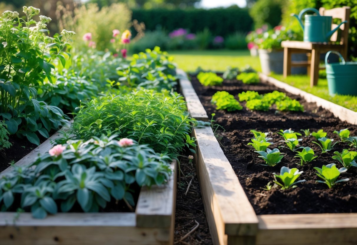 Two garden beds side by side, one with mature perennial plants and the other freshly prepared soil with young annual seedlings, surrounded by gardening tools and greenery.