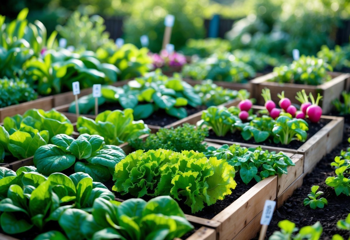 A colorful garden with various leafy greens and vegetables growing in raised beds under natural sunlight.
