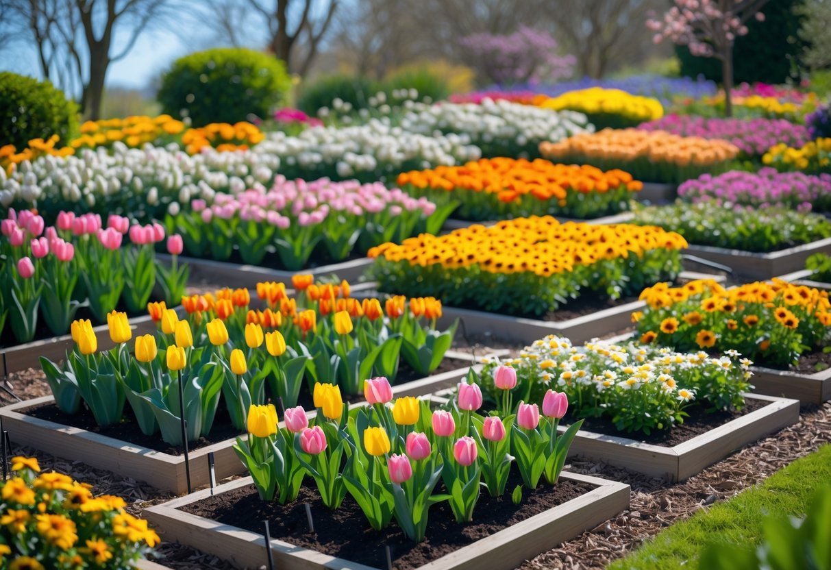 A colorful garden with neatly arranged flowerbeds featuring various blooming flowers in different seasonal sections under a clear sky.