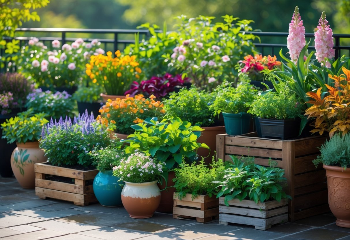 A container garden with various seasonal plants in colorful pots arranged on a sunlit patio.