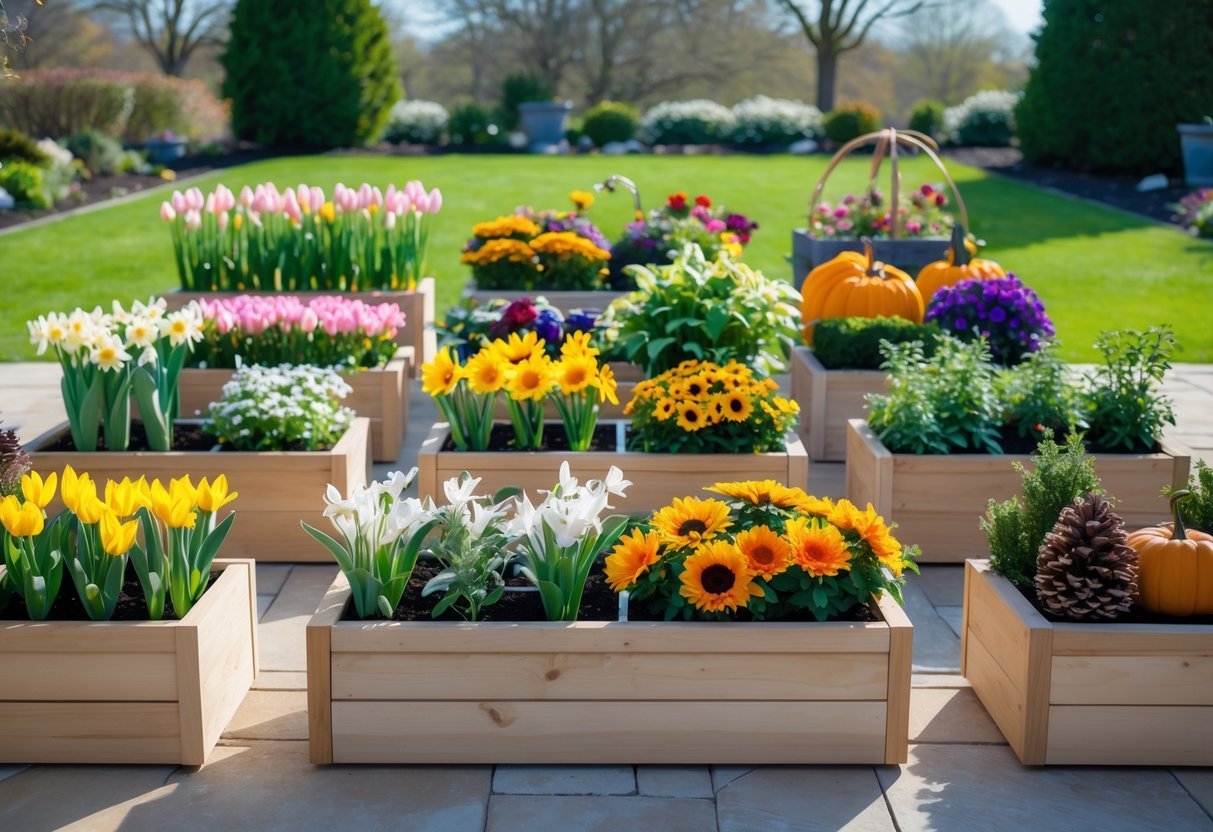 A garden with 14 wooden planter boxes, each decorated with plants and flowers representing different seasons including spring, summer, autumn, and winter.