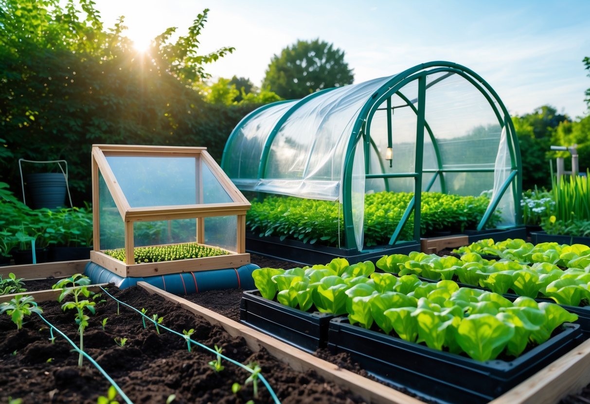 A garden with a cold frame and hoop house protecting rows of young plants and seedlings under clear plastic covers.