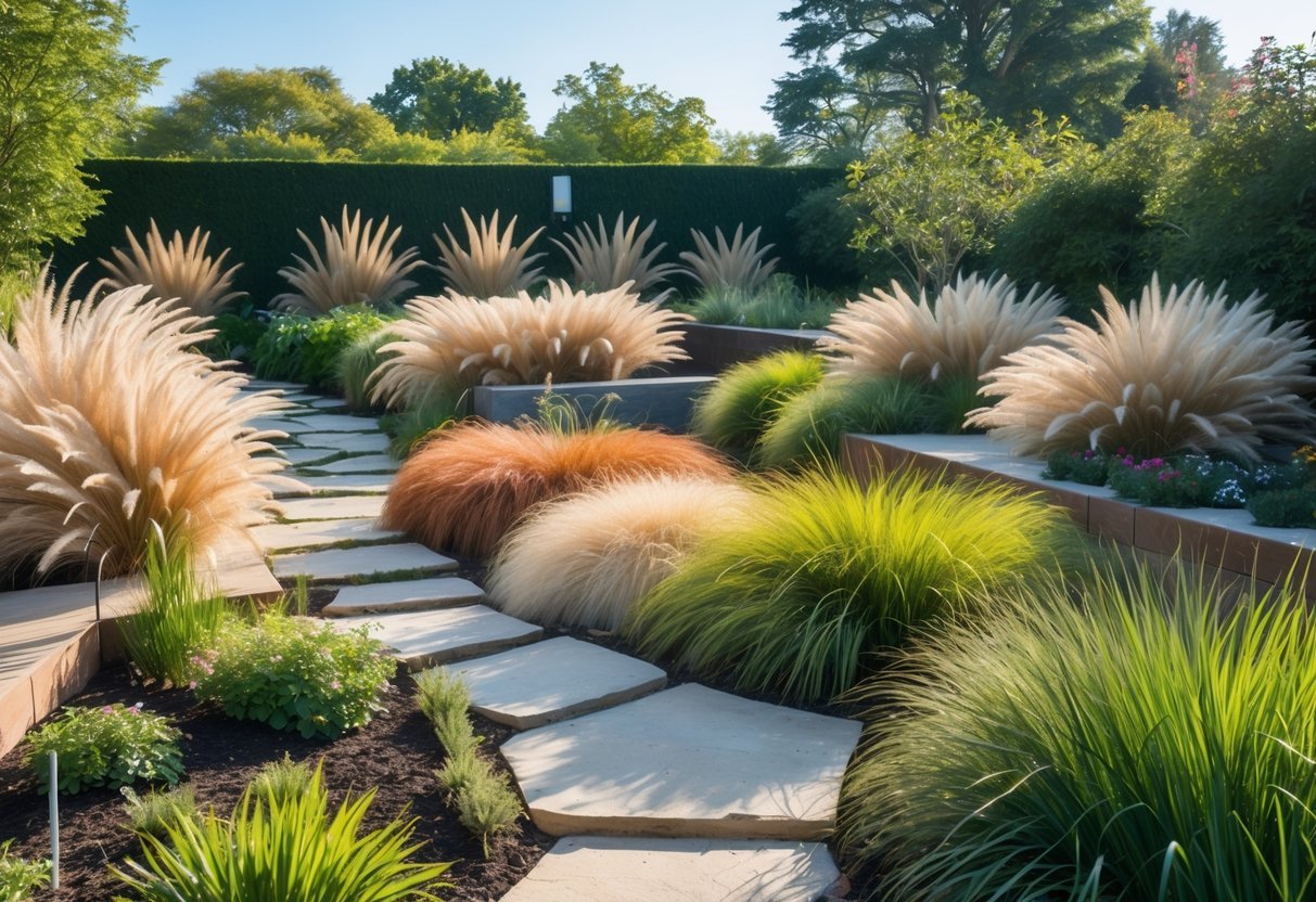 A garden with multiple sections of different ornamental grasses arranged in distinct zones separated by stone paths and wooden borders under a clear sky.