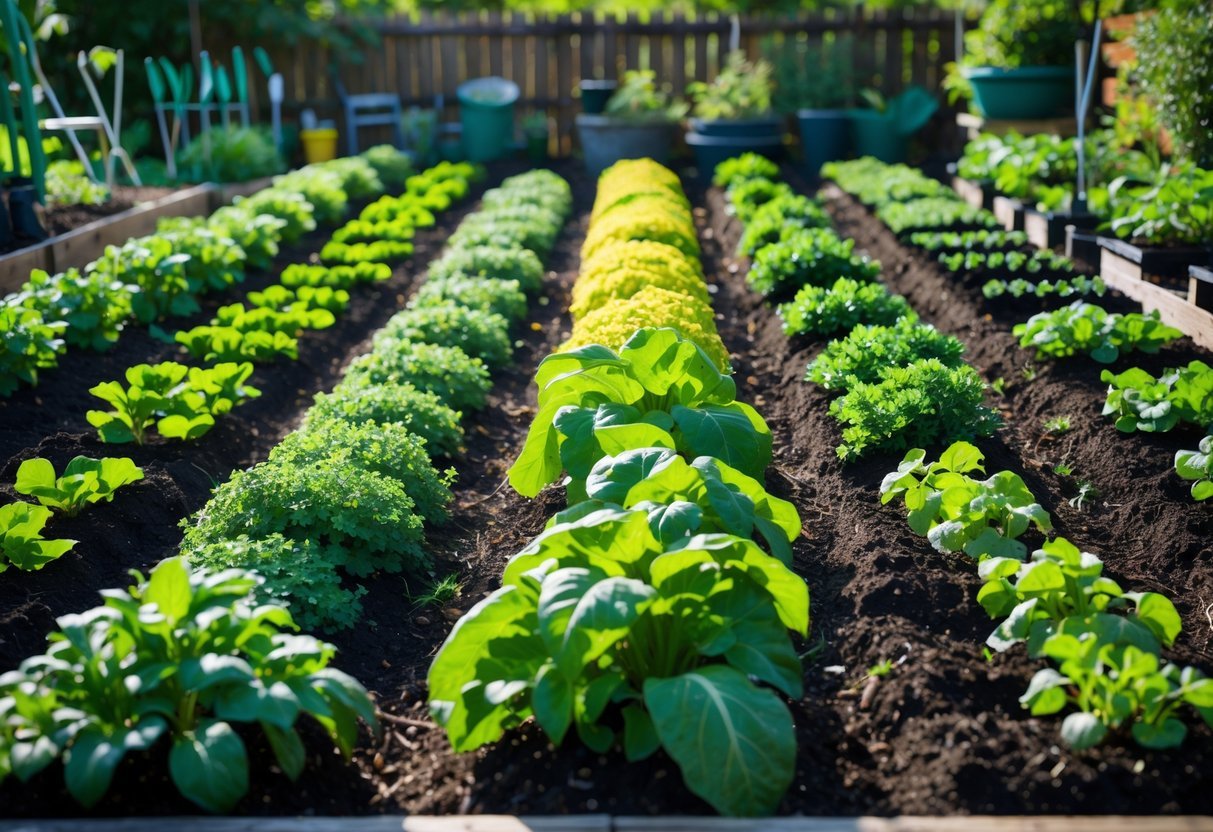 A garden with multiple rows of plants at different growth stages, showing young seedlings, mature vegetables, and freshly planted soil.