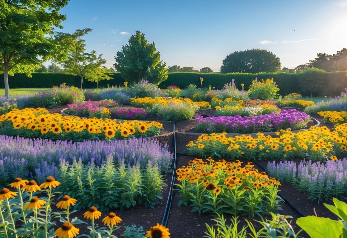 A colorful garden with blooming flowers and pollinators like bees and butterflies visiting the plants in a sunny outdoor setting.