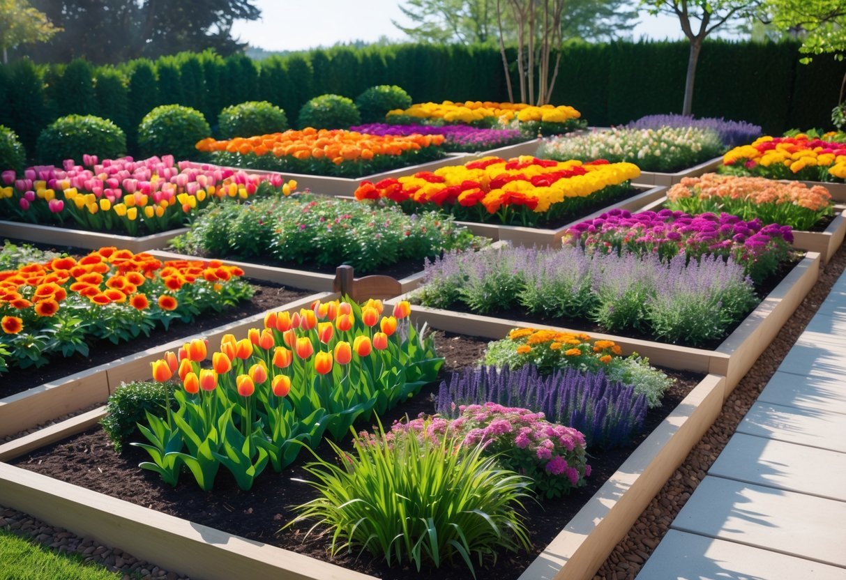 A colorful garden with multiple flower beds showcasing a variety of seasonal blooming plants in bright reds, yellows, purples, and greens under a clear sky.