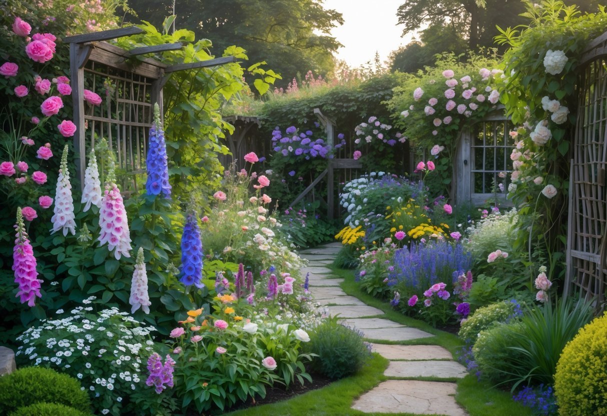 A colorful cottage garden filled with blooming flowers, green plants, and a stone pathway winding through the scene.