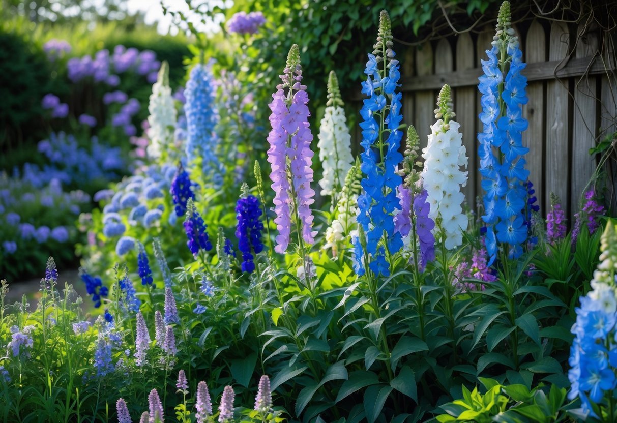 A colorful garden filled with tall blue and purple delphinium flowers surrounded by green foliage and other blooming plants.