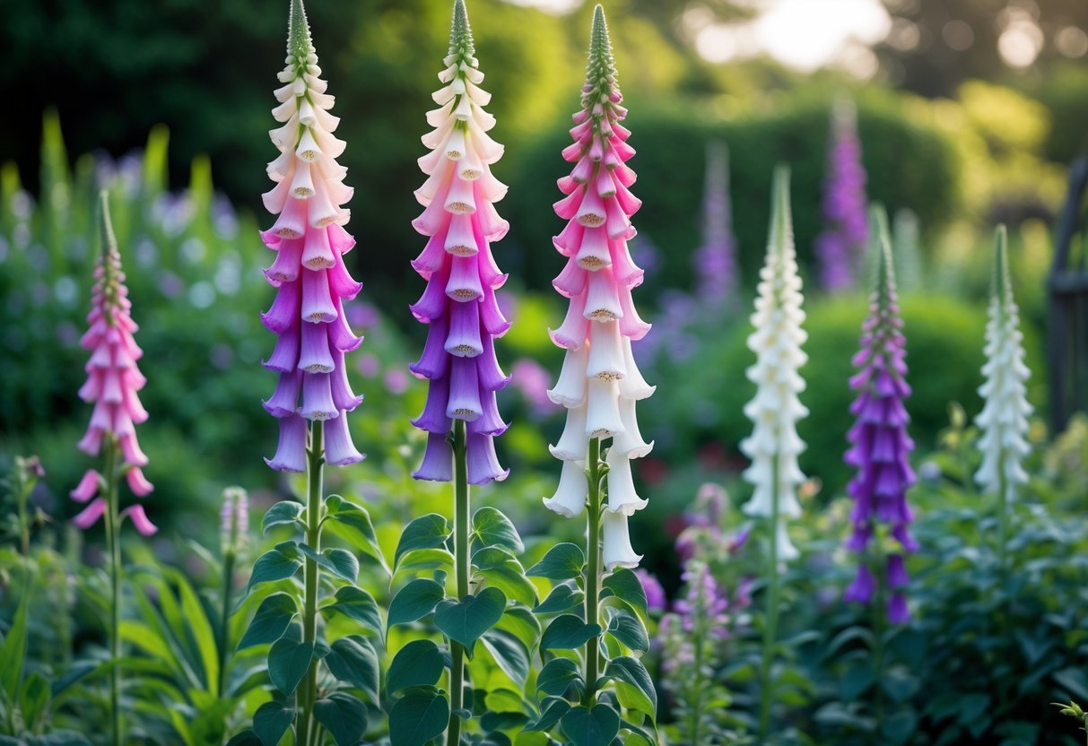 Tall foxglove plants with pink, purple, and white flowers growing in a lush cottage garden surrounded by green foliage.