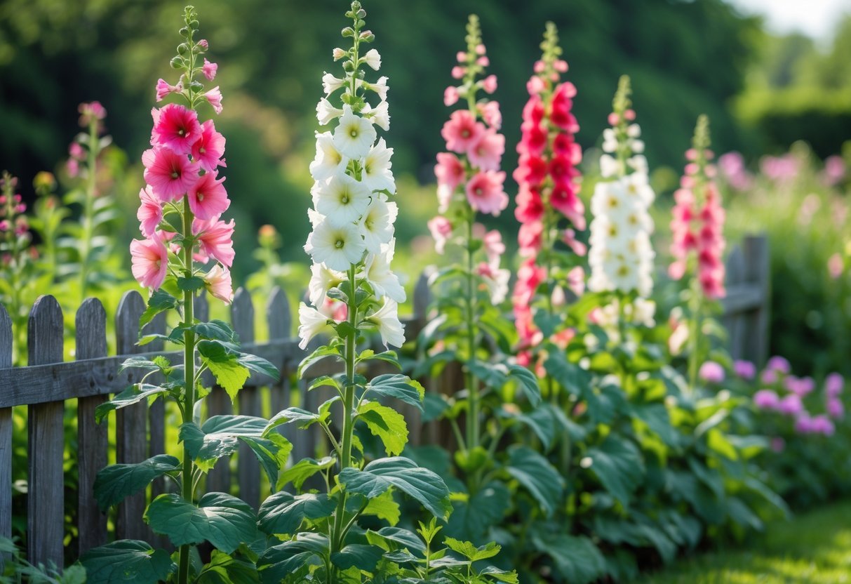 Tall hollyhock plants with pink, white, and red flowers growing densely along a wooden fence in a garden.