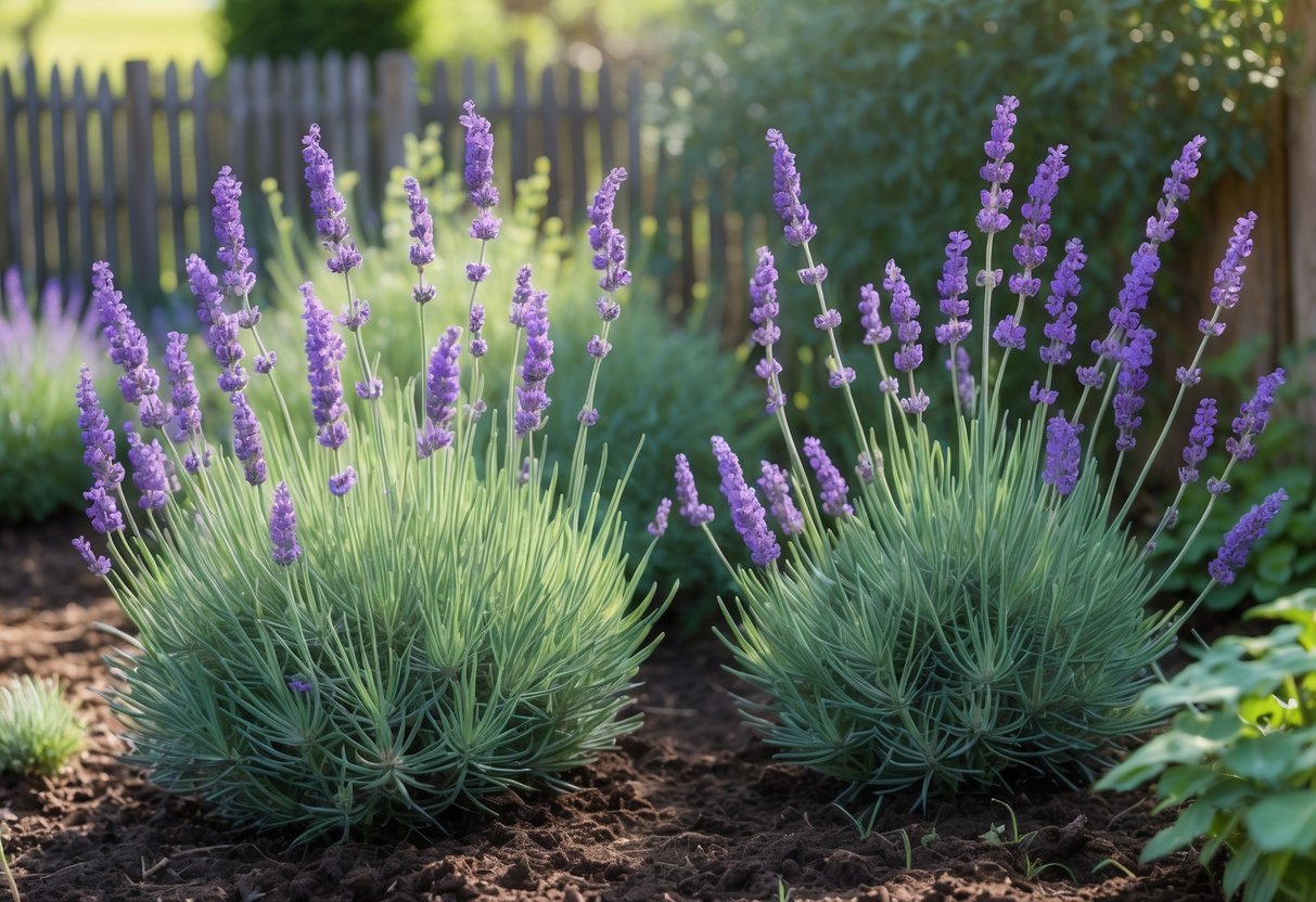 Four blooming lavender plants growing in a sunny garden bed with green foliage and a wooden fence in the background.