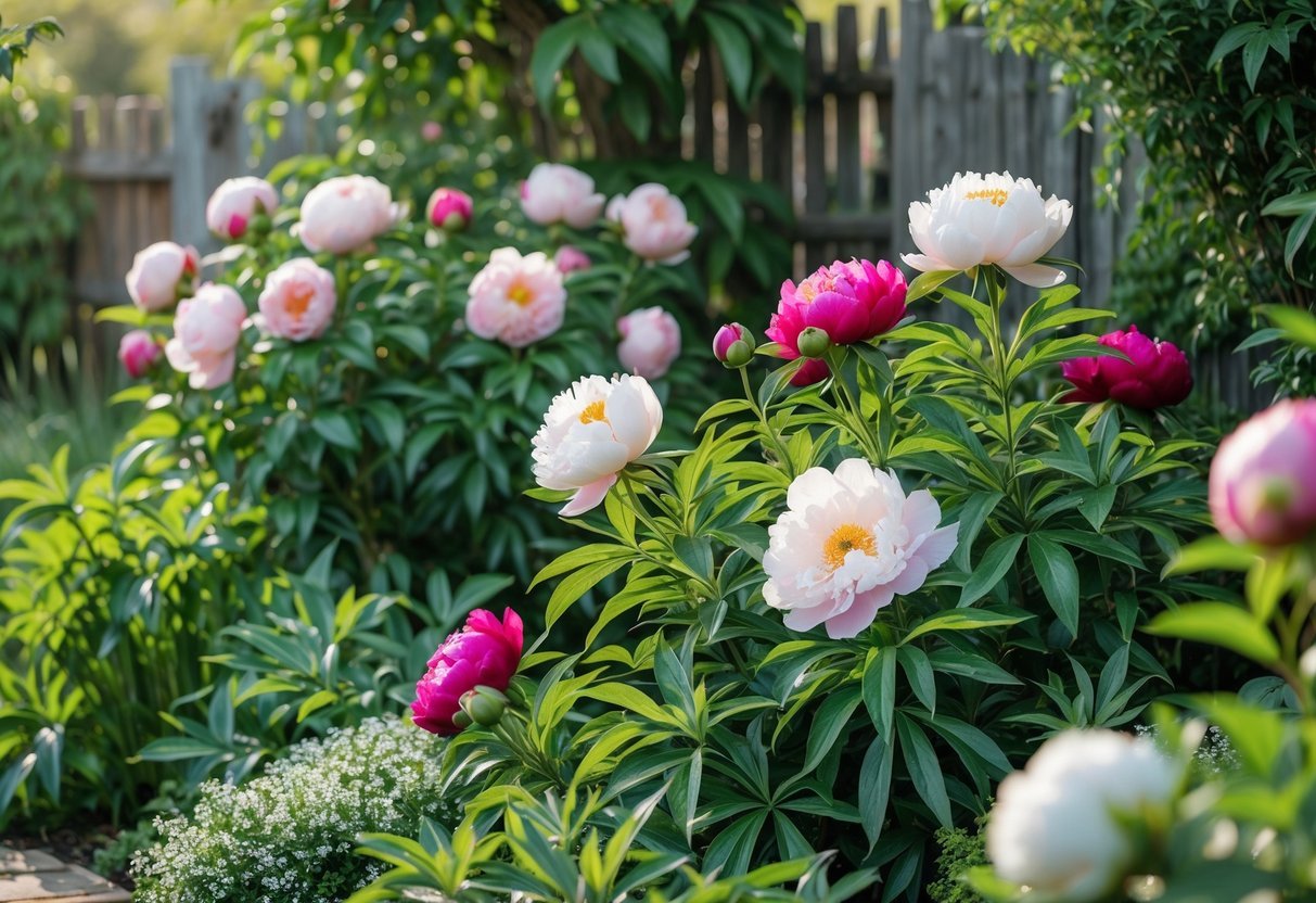 Blooming peony plants with pink, white, and red flowers surrounded by green leaves in a lush garden setting.