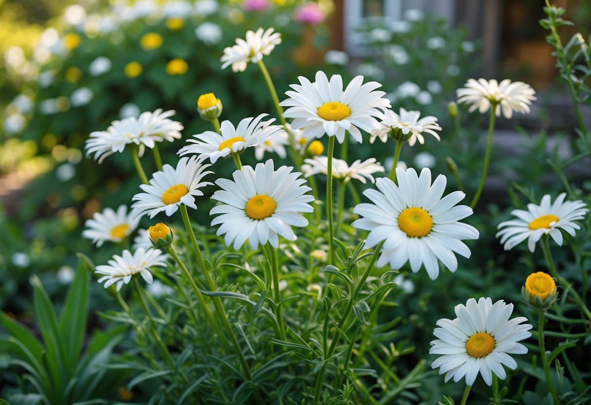 Close-up of blooming white Shasta Daisies with yellow centers growing in a green garden.