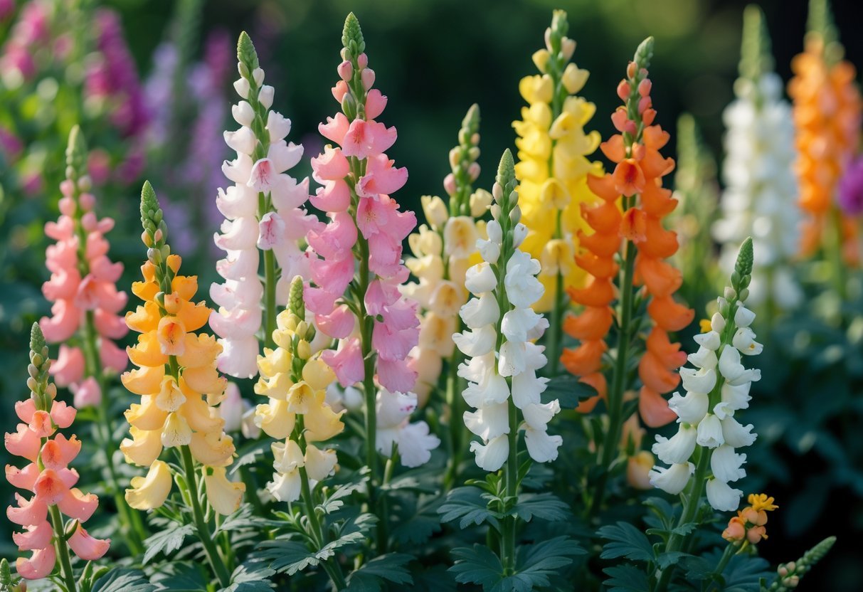 A cluster of colorful snapdragon flowers with green leaves in a garden setting.