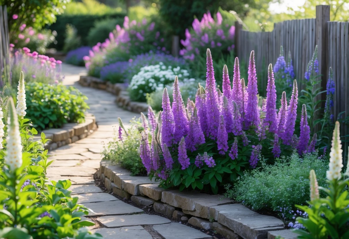 A colorful cottage garden filled with blooming verbena plants and other flowers along a winding path.