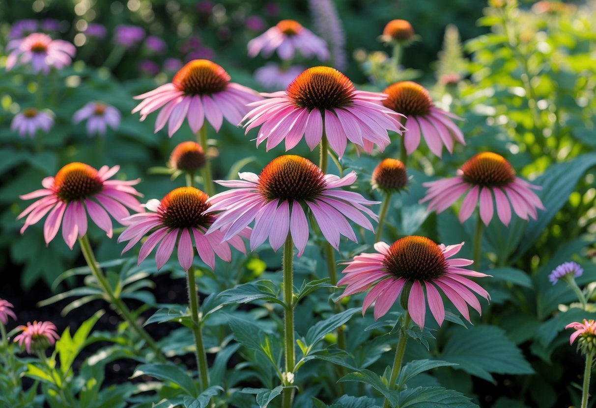 A garden scene with blooming pink and purple Coneflower plants surrounded by green leaves in natural sunlight.