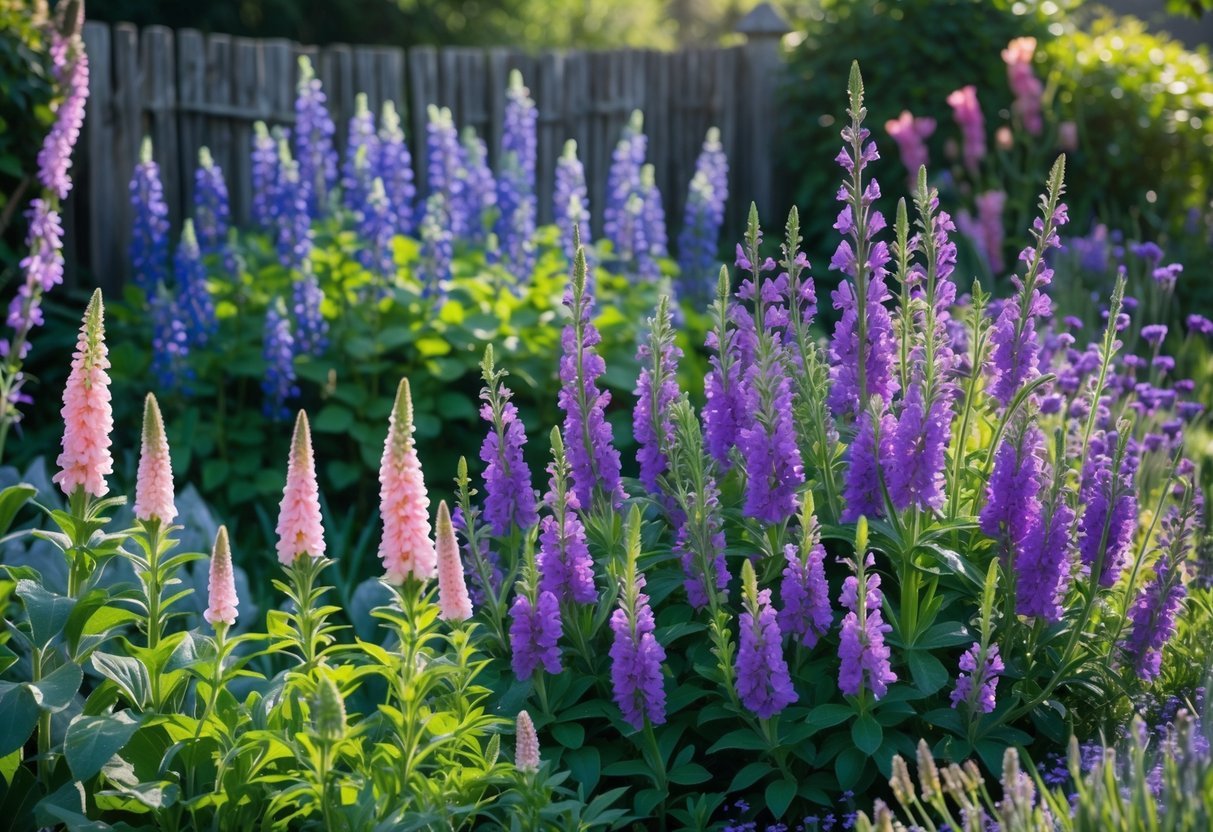 A colorful cottage garden filled with blooming Salvia plants and other flowers under natural sunlight.