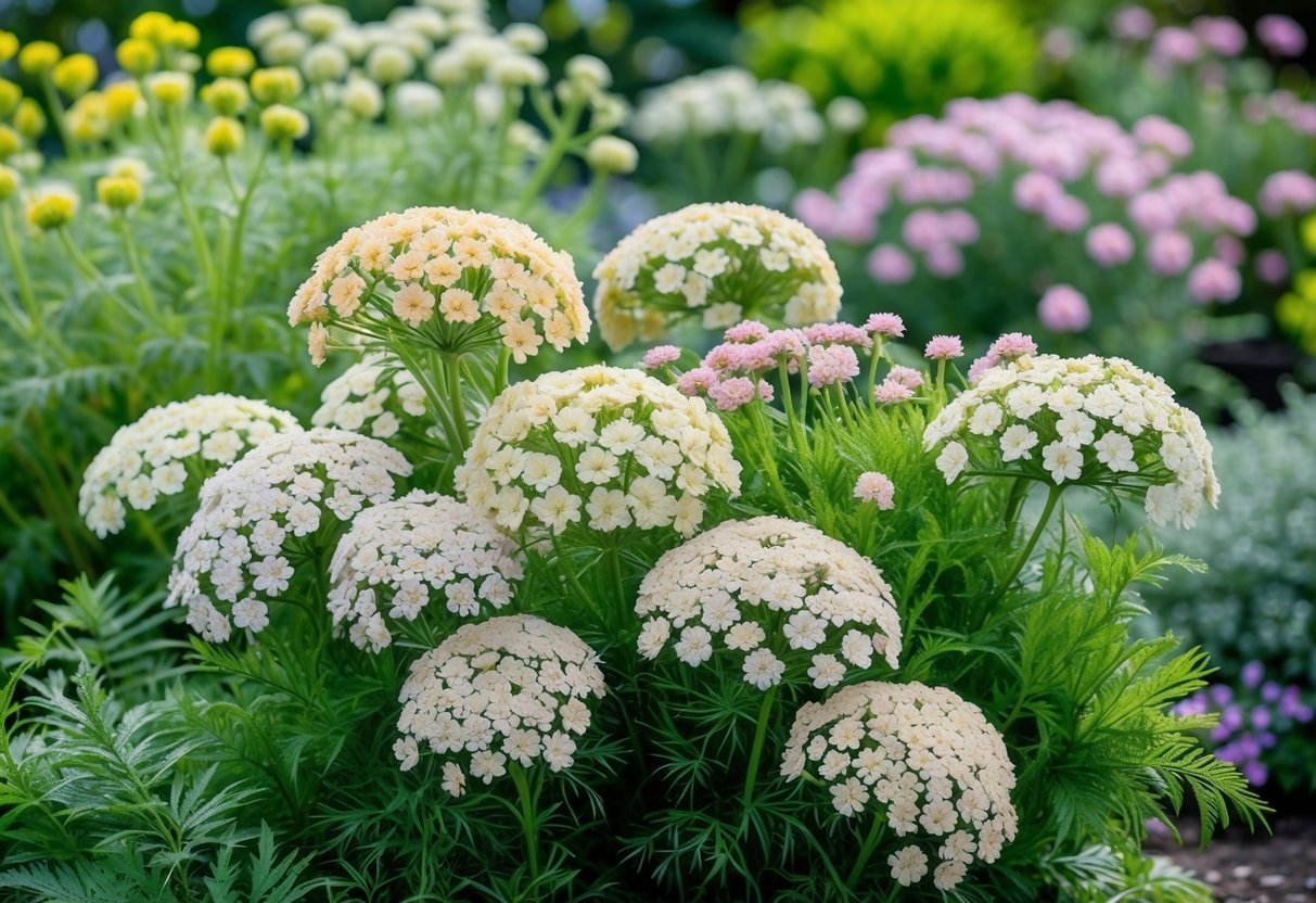 Clusters of Yarrow plants with small white and pale pink flowers and green feathery leaves in a sunny garden setting.