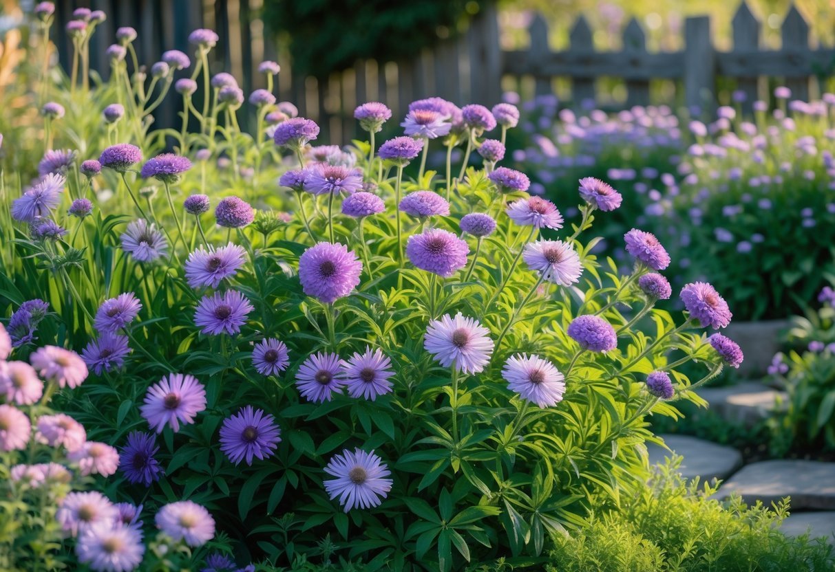 A colorful cottage garden filled with blooming Aster flowers in shades of purple, pink, and white among green foliage.