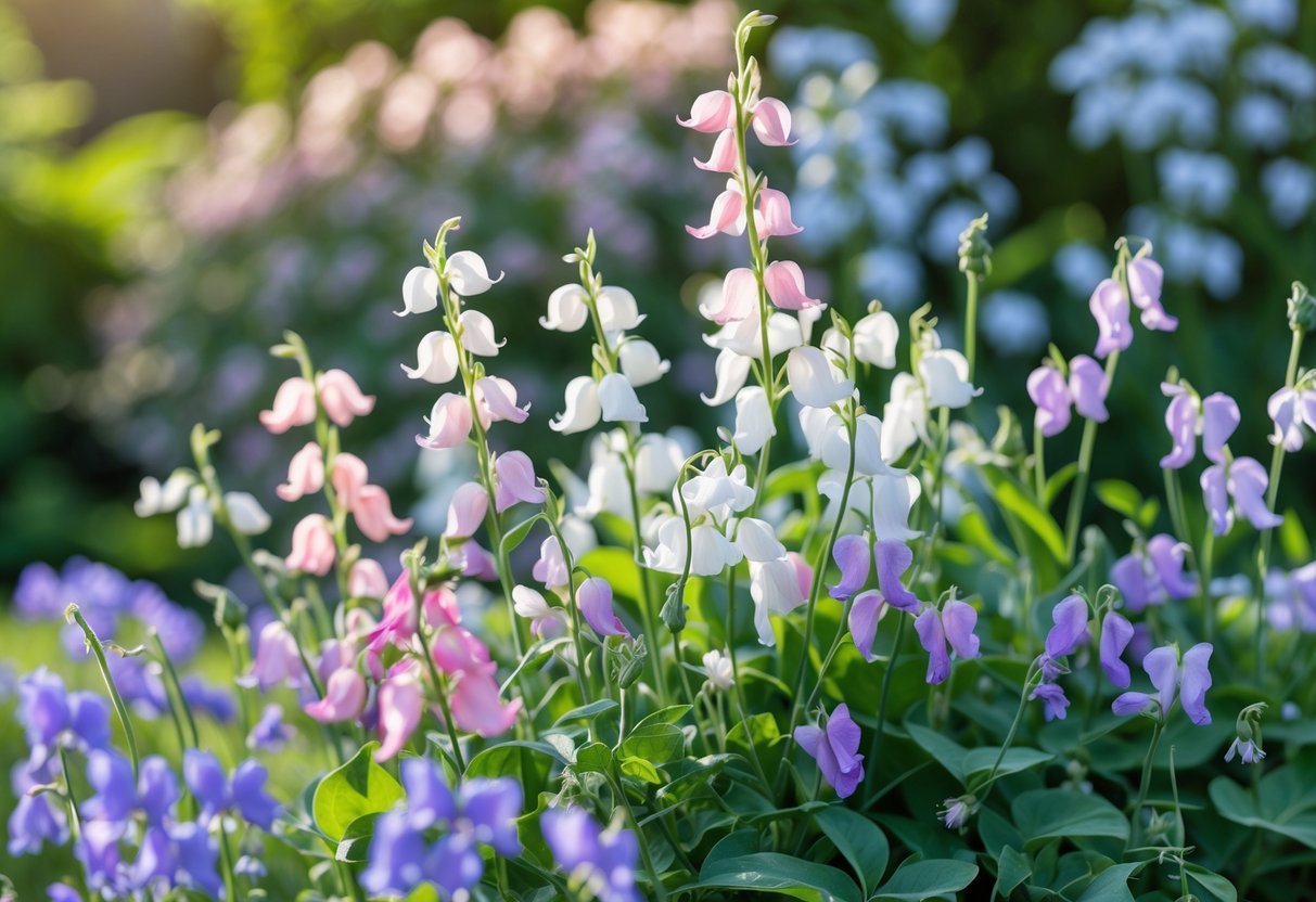 Close-up of blooming Sweet Pea flowers with pink, white, and lavender petals growing on green stems in a garden.