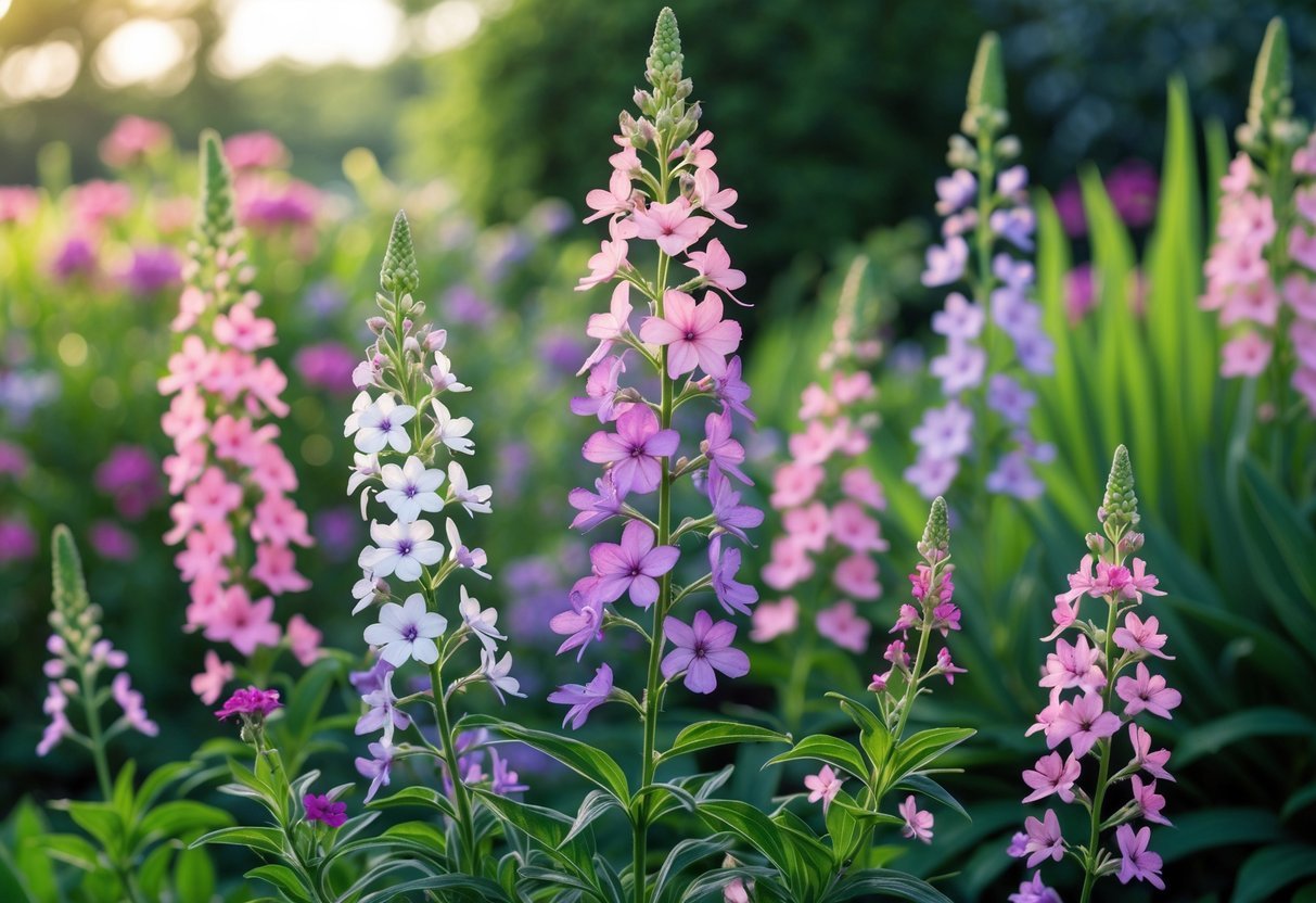 Clusters of pink and purple Garden Phlox flowers blooming in a lush green garden.
