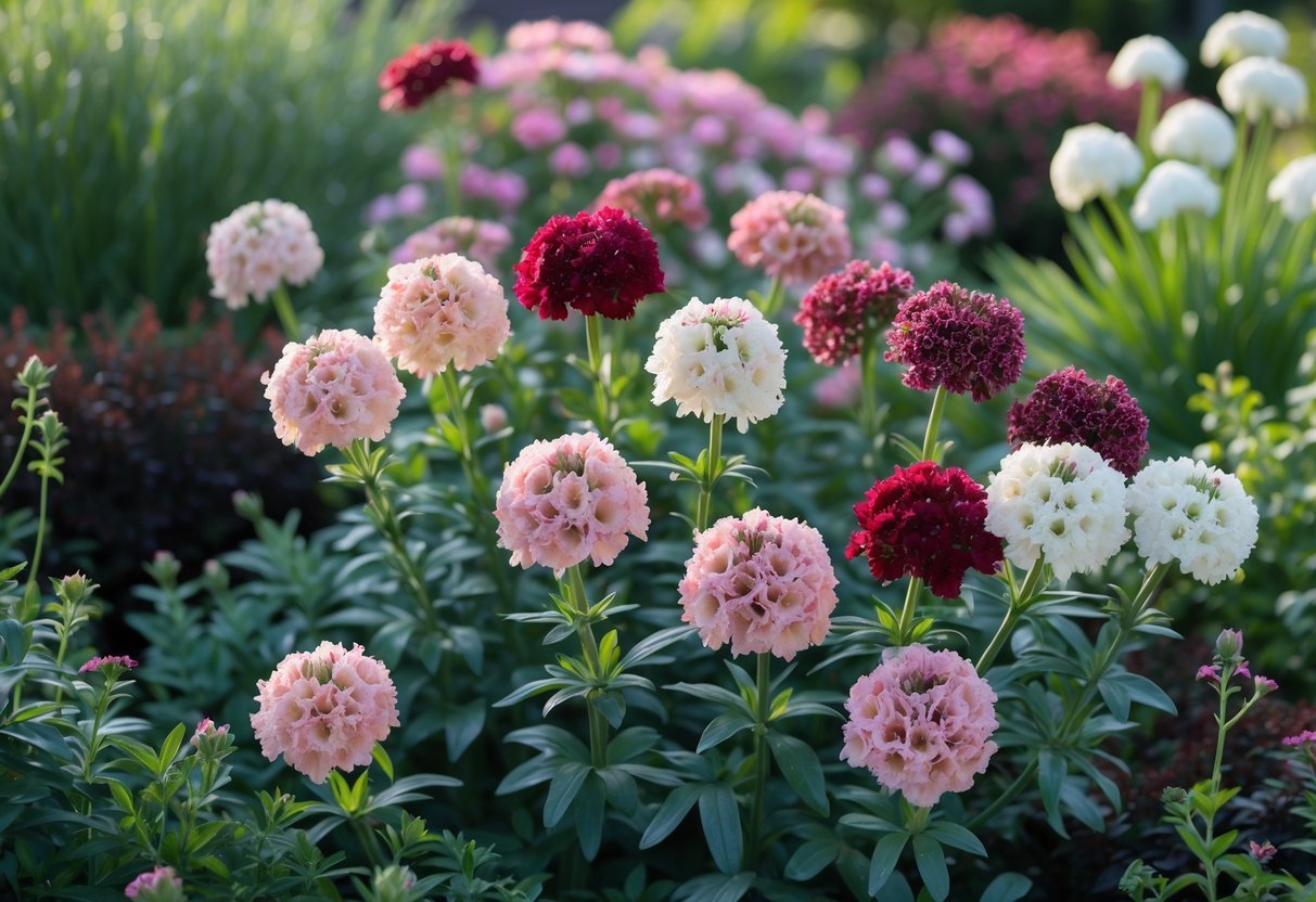 A close-up view of blooming pink, white, and red Dianthus flowers surrounded by green leaves in a lush garden setting.