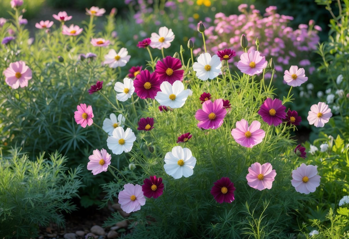 A colorful garden filled with blooming cosmos flowers in pink, white, and magenta surrounded by green foliage and other cottage garden plants.