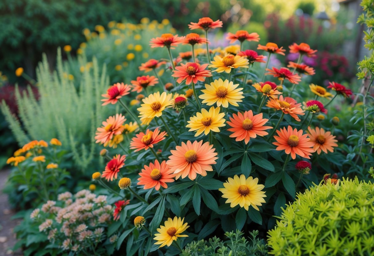 A colorful garden filled with blooming Helenium flowers in yellow, orange, and red shades surrounded by green leaves.