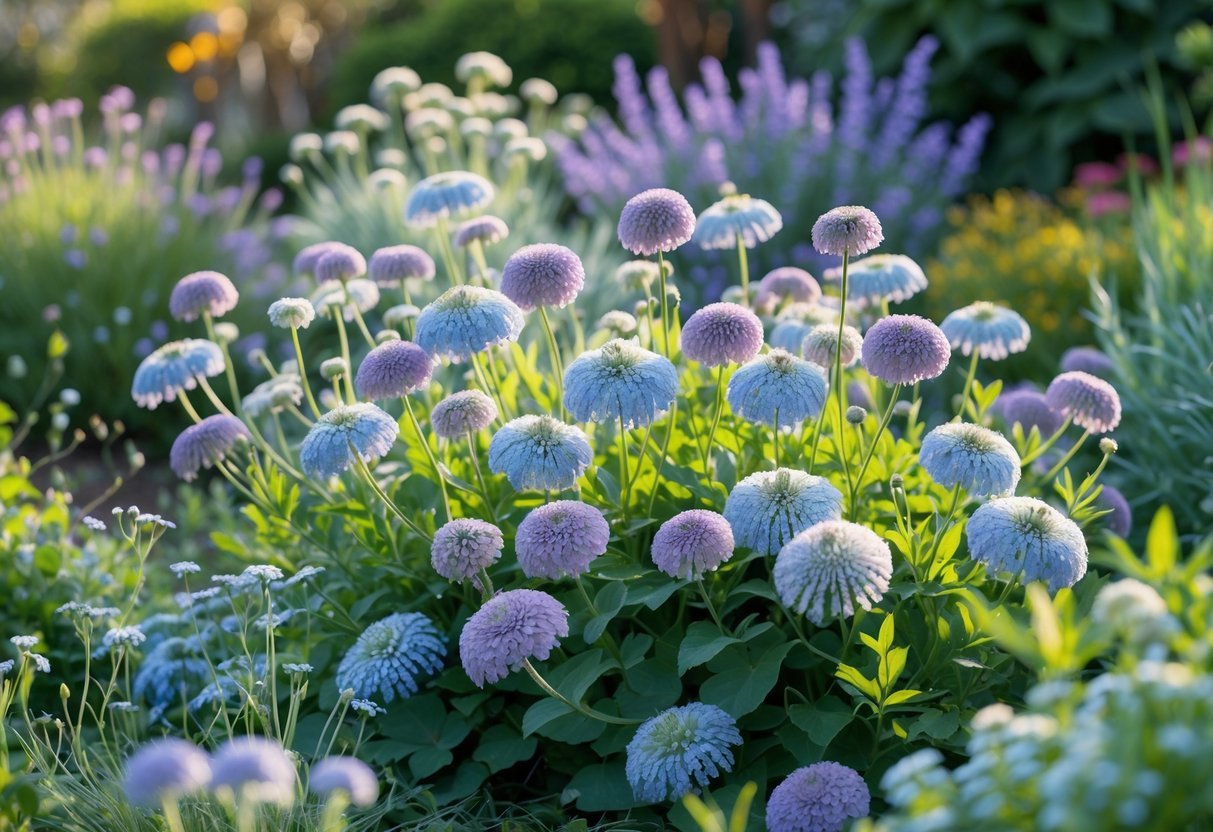 Close-up of blooming Scabiosa flowers in a lush cottage garden with green leaves and other plants in the background.