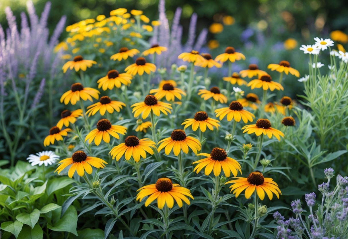 Bright yellow Rudbeckia flowers with dark centers blooming in a green garden surrounded by other flowering plants.