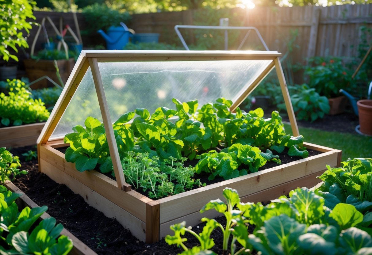 18+ Cold Frame Gardening Ideas: Essential Tips for Boosting Your US Vegetable Harvest 3 A backyard garden with a wooden cold frame containing growing vegetable plants, surrounded by garden beds and gardening tools.