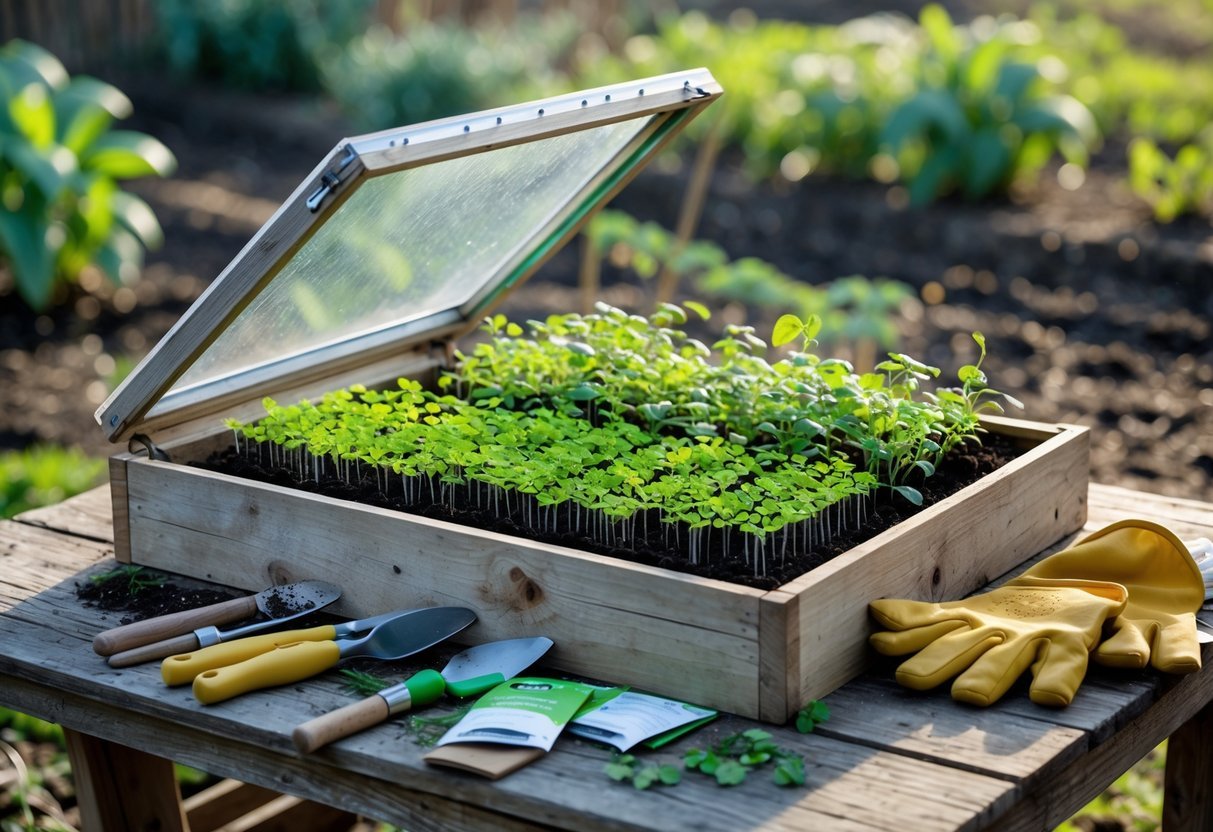 18+ Cold Frame Gardening Ideas: Essential Tips for Boosting Your US Vegetable Harvest 4 A wooden cold frame with its lid open showing young green seedlings growing inside, surrounded by gardening tools on a wooden table in a garden setting.