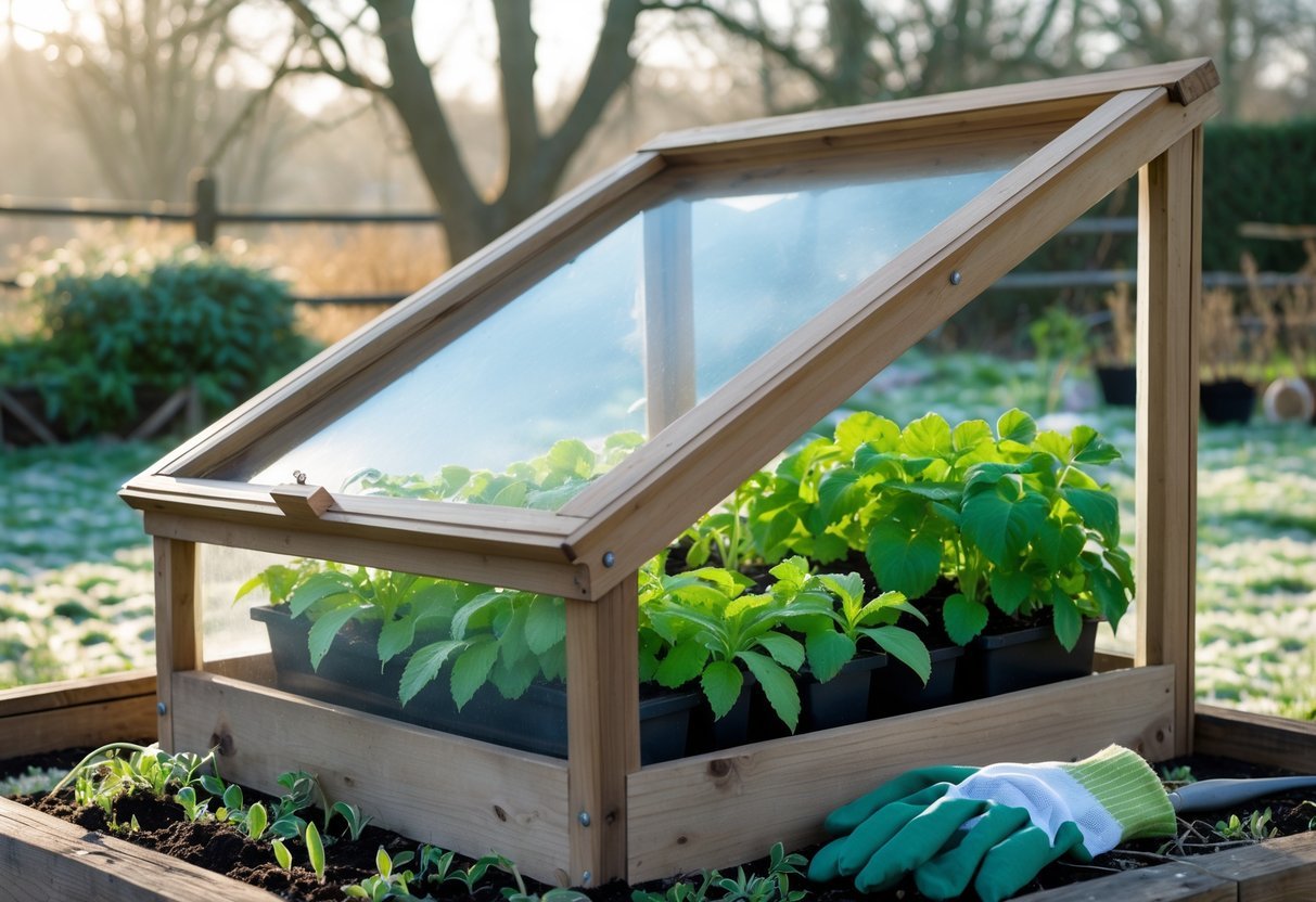 18+ Cold Frame Gardening Ideas: Essential Tips for Boosting Your US Vegetable Harvest 5 A wooden cold frame garden with green perennial plants inside, set outdoors in a frosty late autumn or early winter garden.