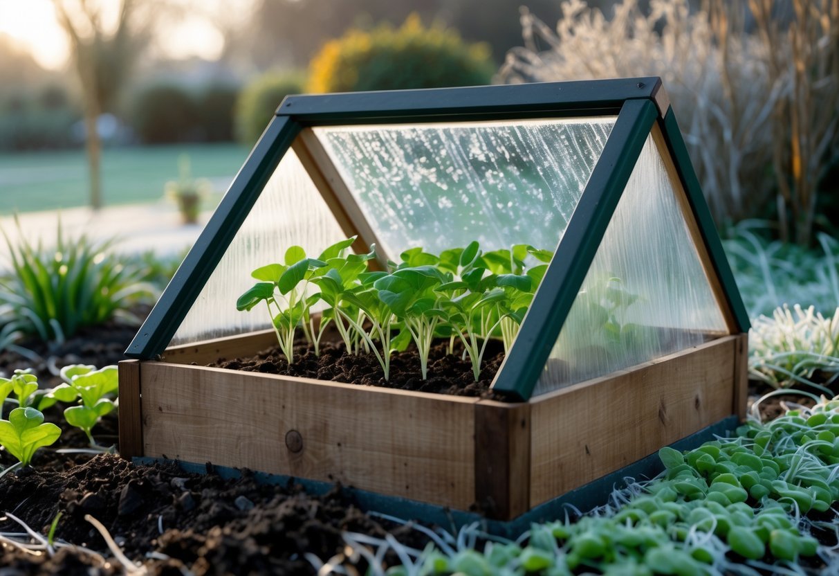 18+ Cold Frame Gardening Ideas: Essential Tips for Boosting Your US Vegetable Harvest 6 A small wooden cold frame garden with young plants inside, surrounded by frost-covered soil and plants outdoors.