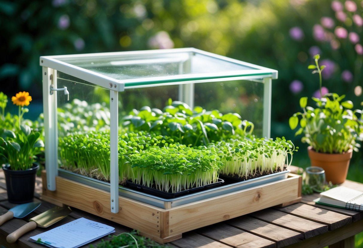 18+ Cold Frame Gardening Ideas: Essential Tips for Boosting Your US Vegetable Harvest 7 A cold frame garden with trays of green microgreens growing inside, surrounded by gardening tools and plants outdoors.