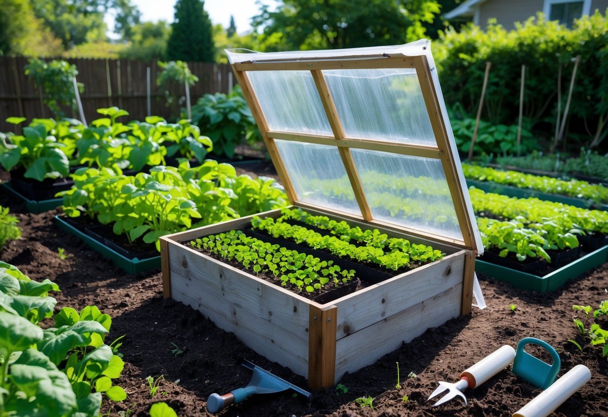 18+ Cold Frame Gardening Ideas: Essential Tips for Boosting Your US Vegetable Harvest 8 A wooden cold frame with an open transparent lid containing young seedlings, surrounded by garden beds with mature plants and gardening tools nearby.