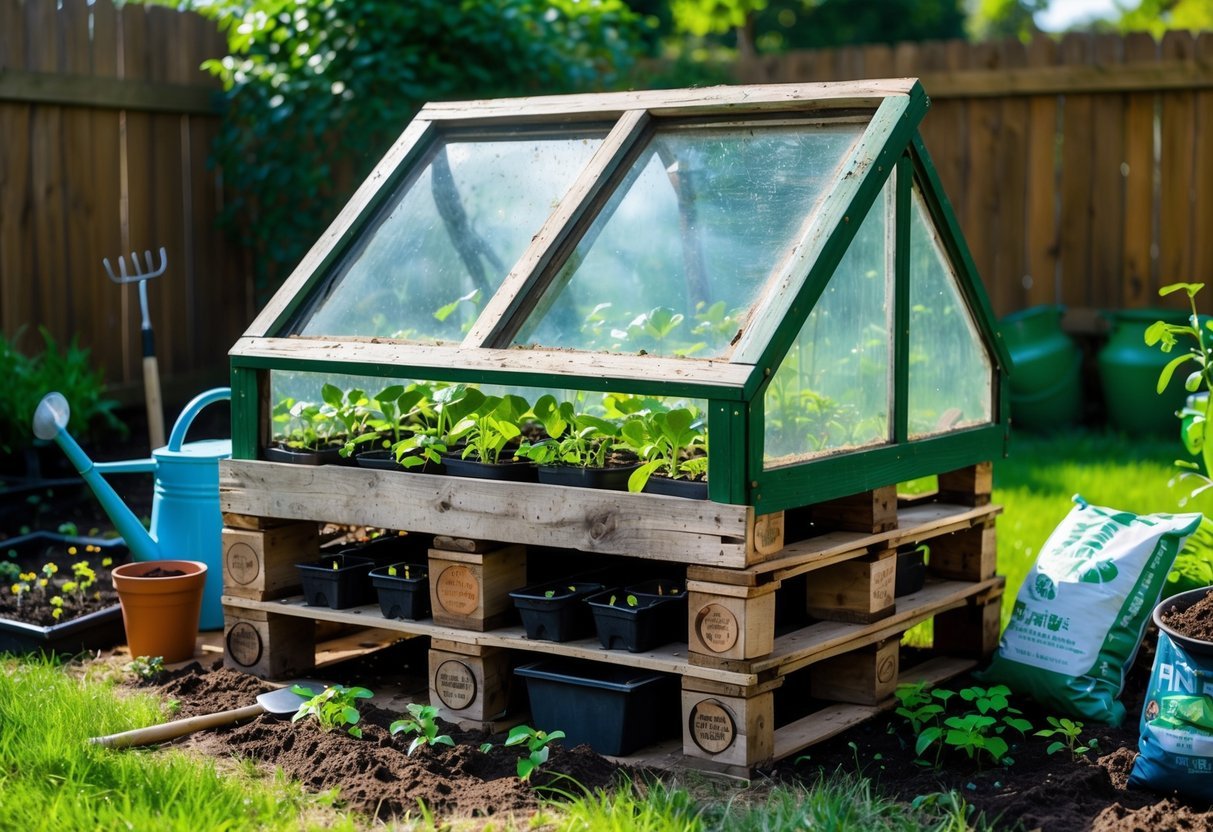 18+ Cold Frame Gardening Ideas: Essential Tips for Boosting Your US Vegetable Harvest 9 A small cold frame made from recycled wood and old windows with young plants growing inside in a backyard garden.