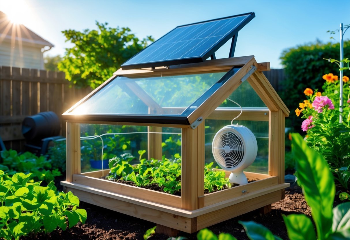 18+ Cold Frame Gardening Ideas: Essential Tips for Boosting Your US Vegetable Harvest 10 A small cold frame garden with solar panels and a ventilation fan surrounded by green plants in a backyard.