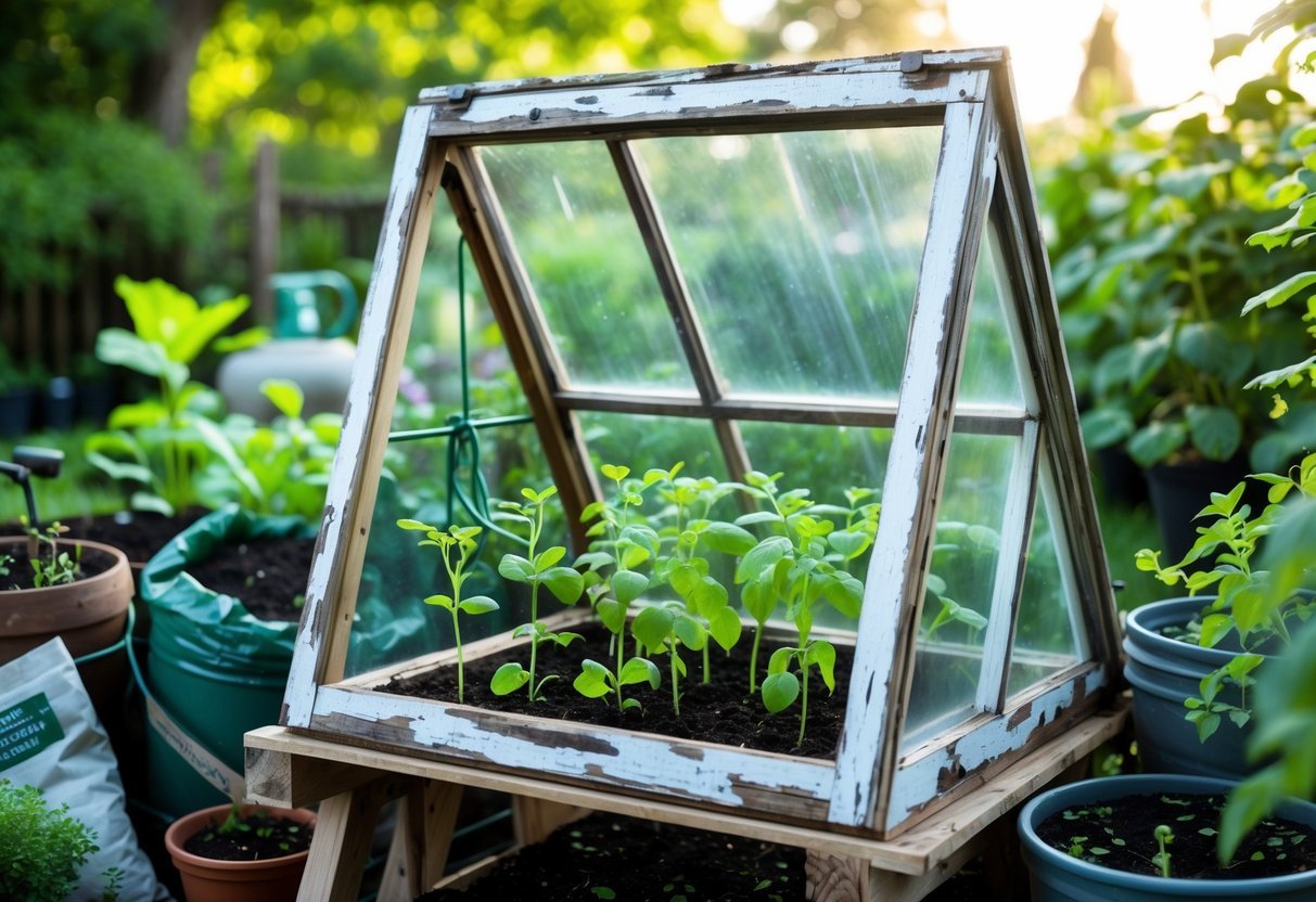 18+ Cold Frame Gardening Ideas: Essential Tips for Boosting Your US Vegetable Harvest 11 A garden scene showing a DIY cold frame made from old wooden window frames protecting young plants in soil.
